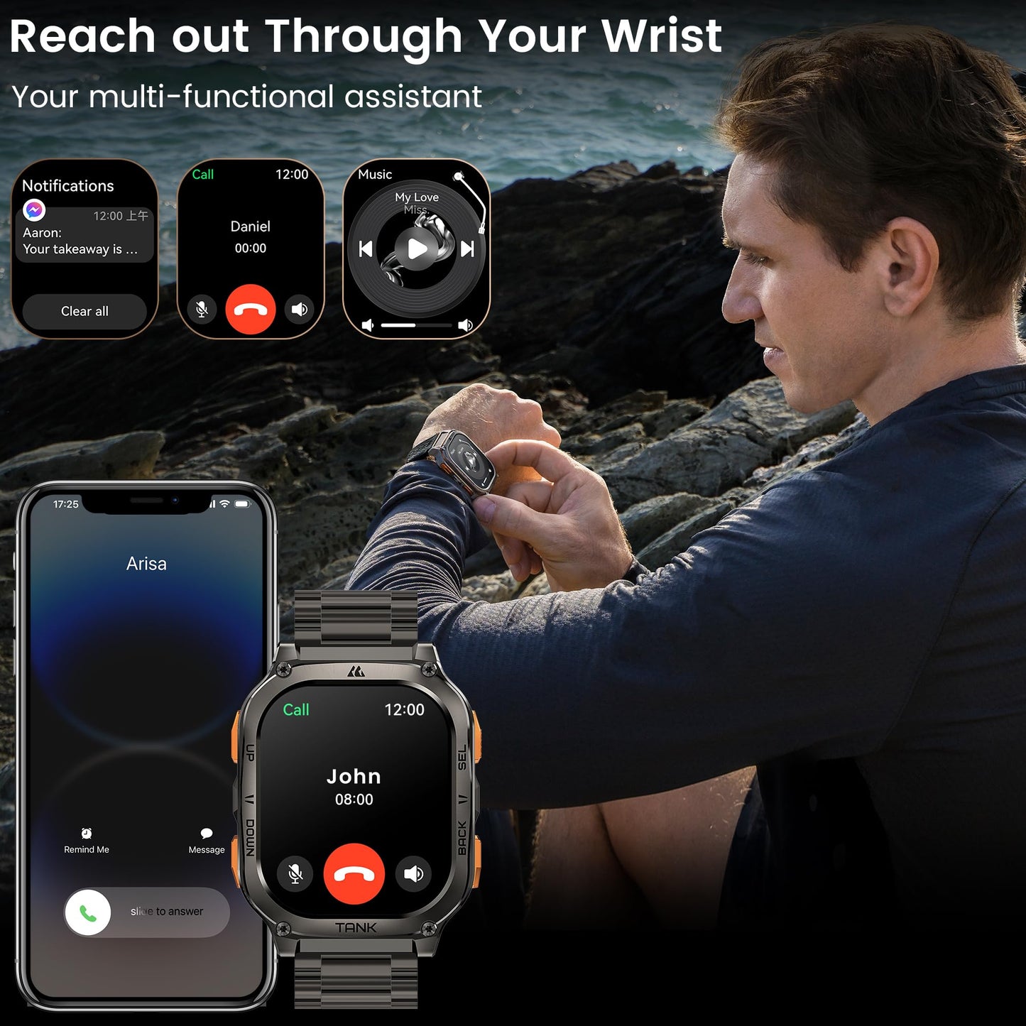 KOSPET Tank M3 Ultra GPS Smart Watch, 50M Waterproof, Compass, Altitude, Air Pressure, 480mAh Large Battery, Stainless Steel, Bluetooth Call, 1.96'' AMOLED Always-on Display, AI Voice, Metal Band