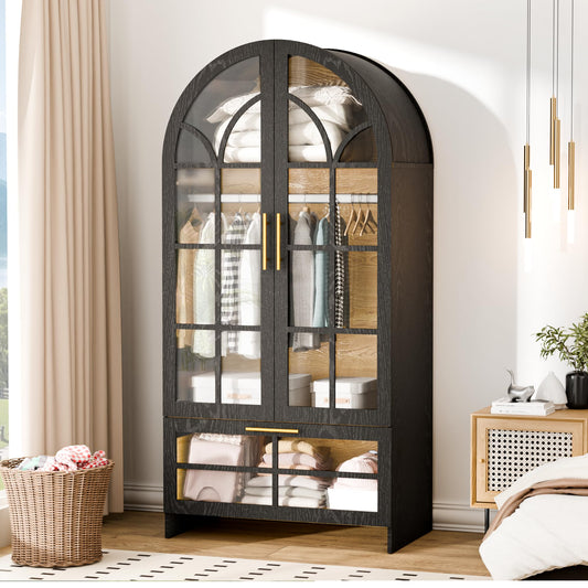 Topcomfy Armoire Wardrobe Closet with Drawer, 71”Tall Arched Wardrobe Cabinet with Hanging Rod&Glass Door – Wooden Freestanding Clothing Storage Cabinet Closet Organizer for Bedroom, Entryway or Dorm