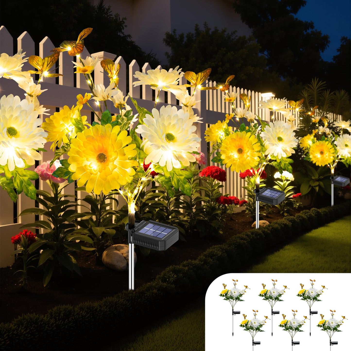Topvelo Solar Garden Light 6 Packs  120 Leds Outdoor Solar Lighting With Daisy And Butterfly  Waterproof Outdoor Garden Light For Patio  Courtyard  Pathway Decoration (Yellow)