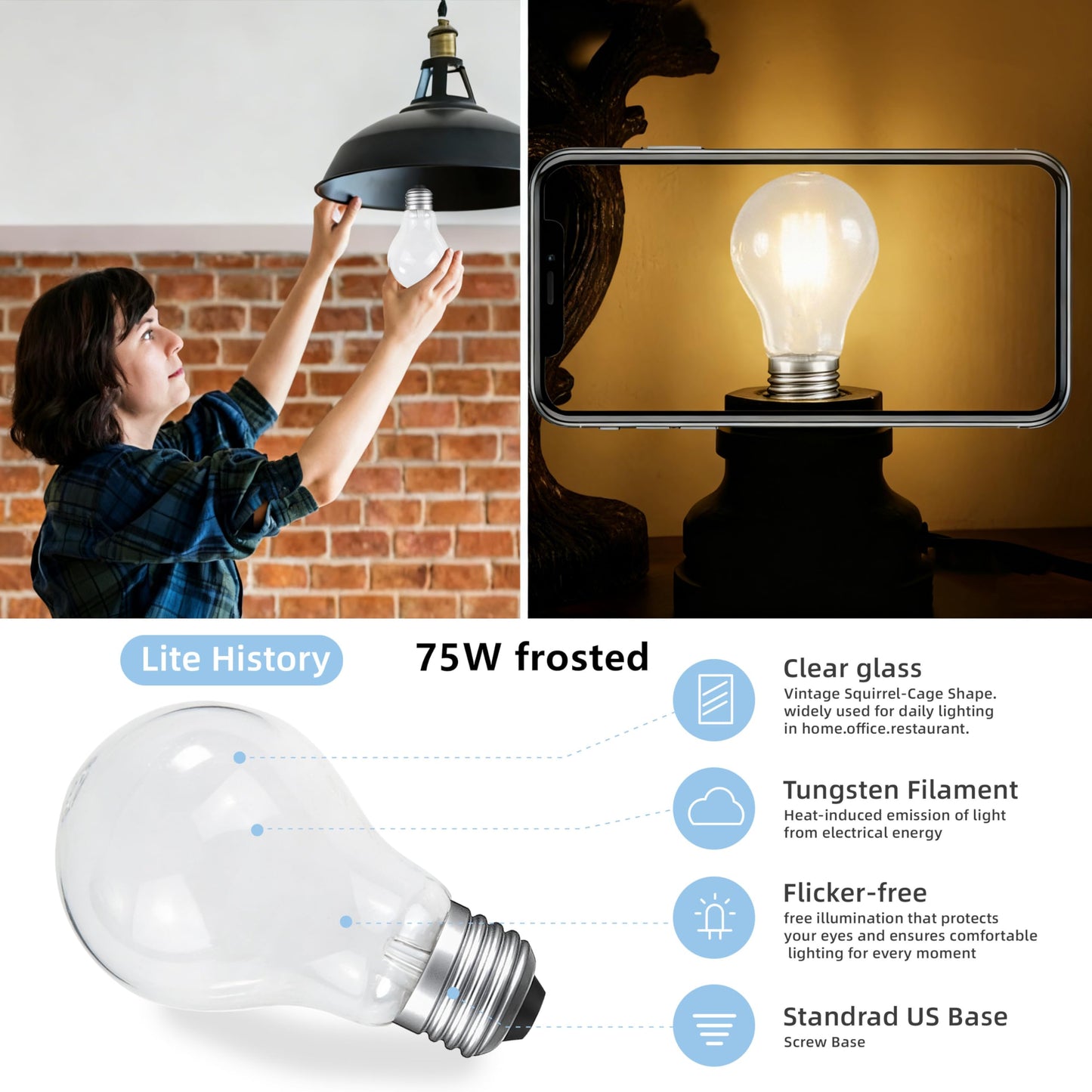 Hoimuv 75 Watt Incandescent Light Bulbs, A19 75 WATT Incandescent Bulb Shatter Resistant Rough Service Light Bulb 75 WATTS A19 Shape（ 2PACK