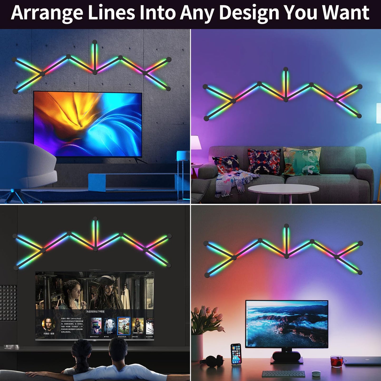 TOHETO RGB Wall Light, LED DIY Geometry Splicing Gaming Lights, Backlit Modular Wi-Fi Colour Changing Home Decor Lights Work with Alexa and Google Assistant for Game Room, Bedroom (9 Lines, Black)
