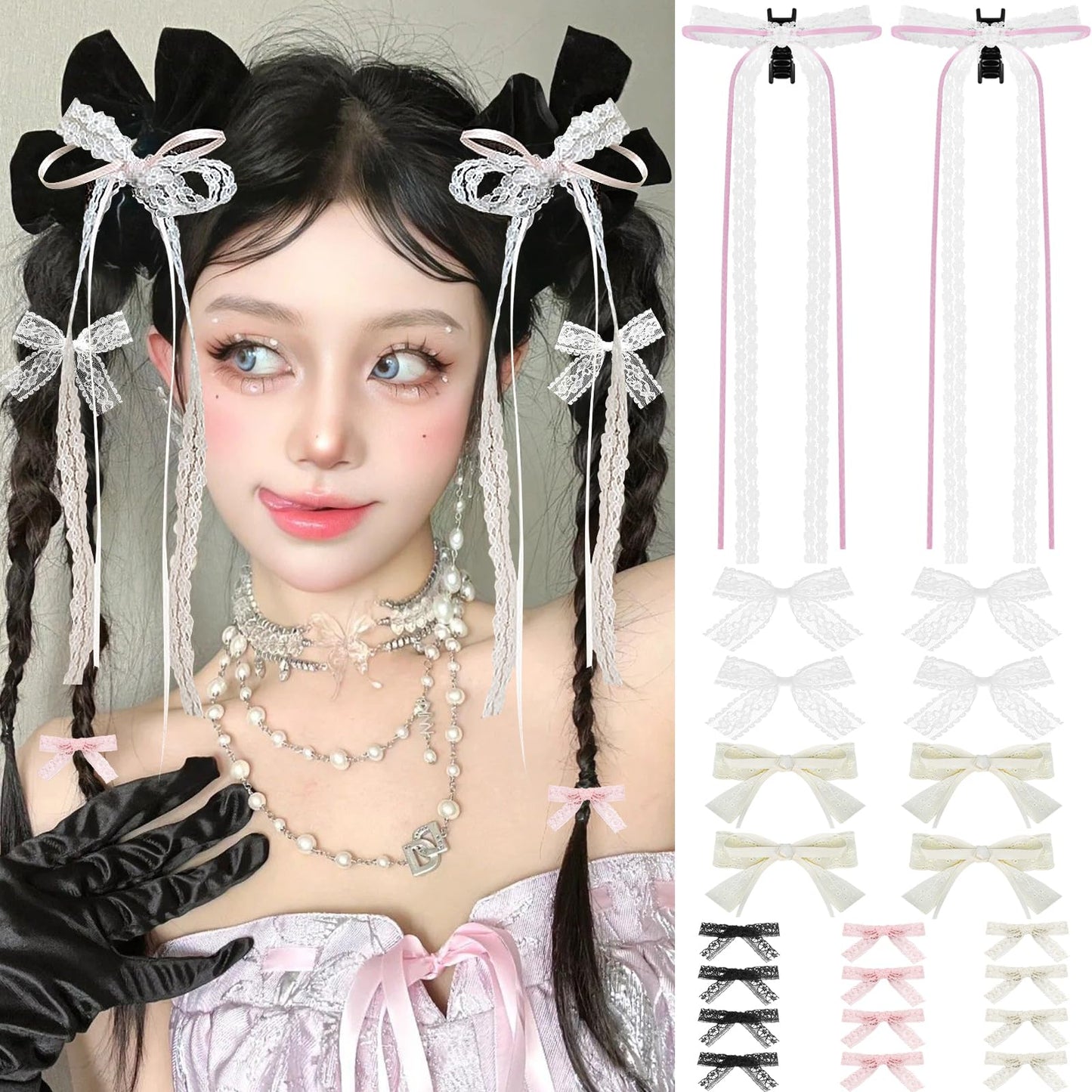 Mini Hair Bows for Women Girls Cute Hair Clips Small Alligator Long Tail Hair Ribbon Accessories -4 Styles -22P - Lace