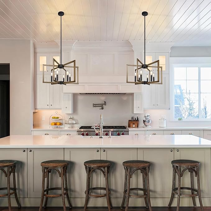 6-Light Modern Farmhouse Pendant Lights for Kitchen Island, Vintage Geometric Dining Room Lighting Hanging, Industrial Chandelier for Hallway Foyer, Retro Wood Texture and Black Finish