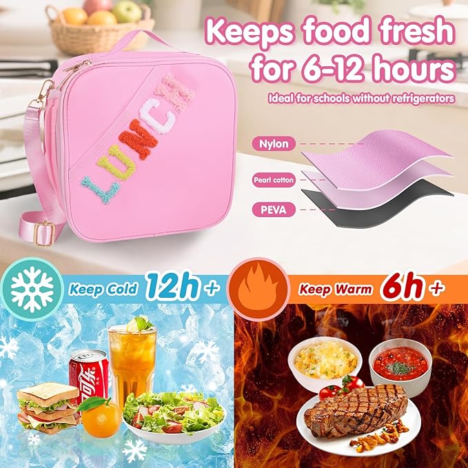 Lunch Bag Kids,Insulated Lunch Bag With Adjustable Shoulder Strap,Reusable Lunch Bag for Kids, Girls,Boys, lunch Bag Women,Preppy Lunch Box for School,Travel, Picnic (pink)