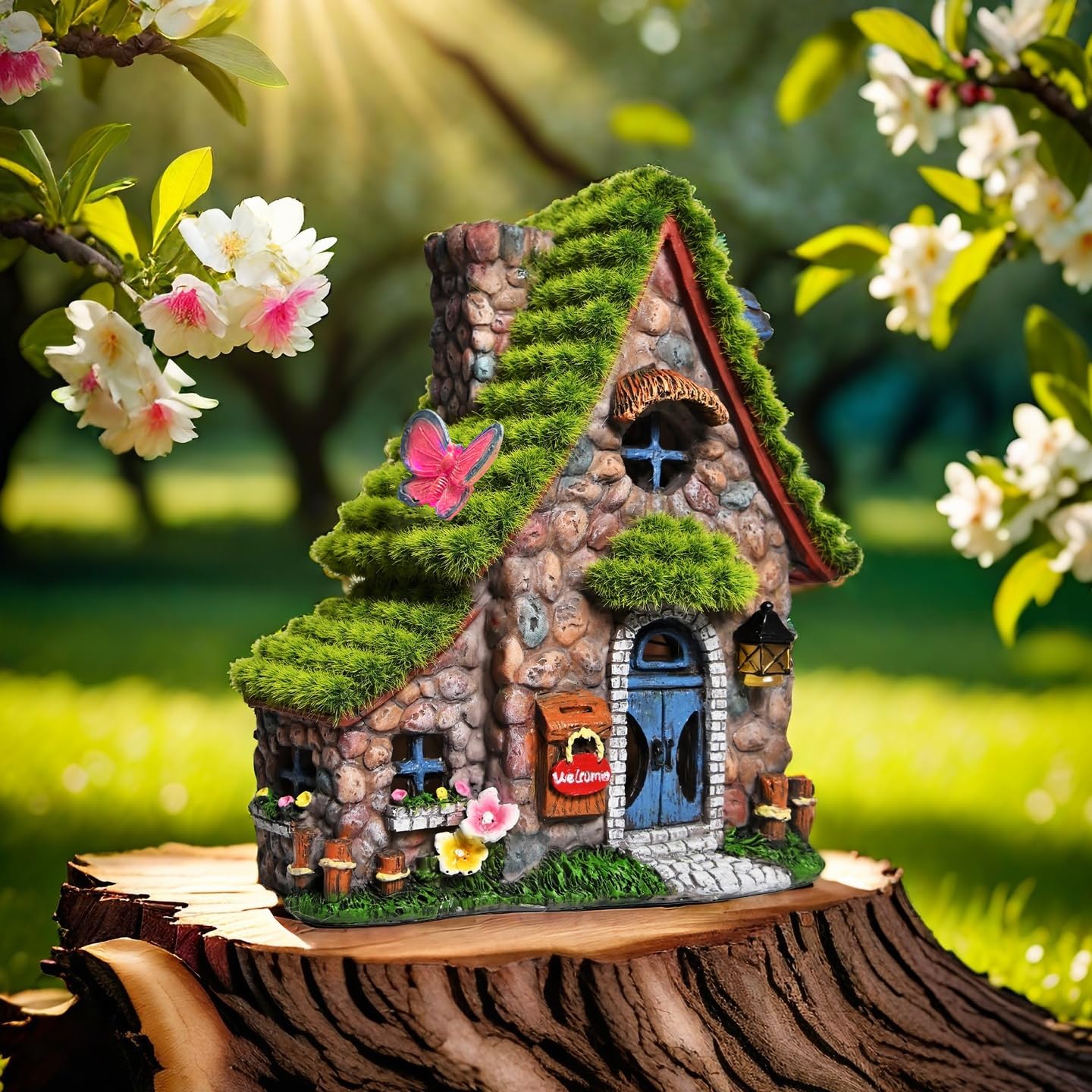 ASAWASA Resin Fairy House Statues with Solar Lights, Double House Garden Sculptures