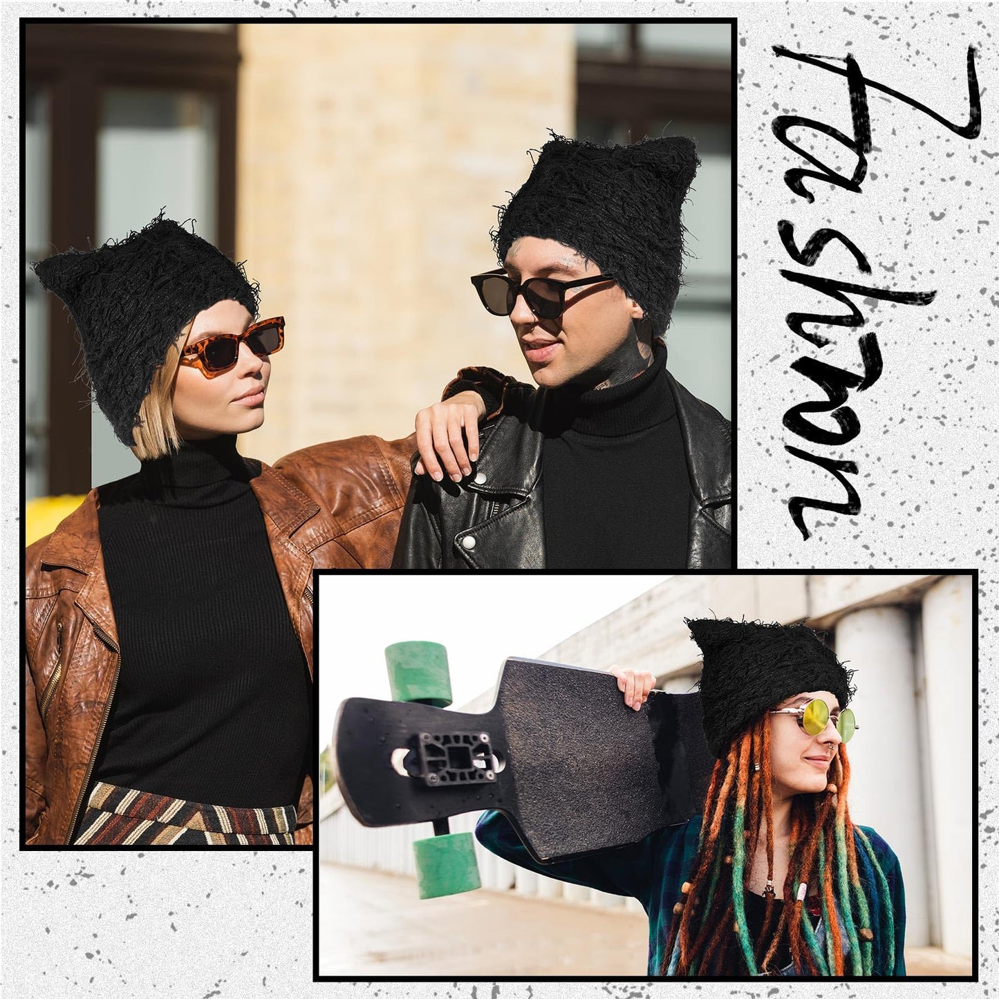 Chuarry Distressed Knitted Cat Beanie Y2k for Women Men Vintage Crochet Hat Thick Slouchy Warm Cat Ears Hat Winter Outdoor (Black,Cat Ears)