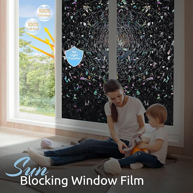 rabbitgoo Window Privacy Film Rainbow Film Decorative Window Sticker, 3D Static Stained Glass Cling Tint for Room Darkening Day Sleep, Black, 35.4 x 118.1 inches