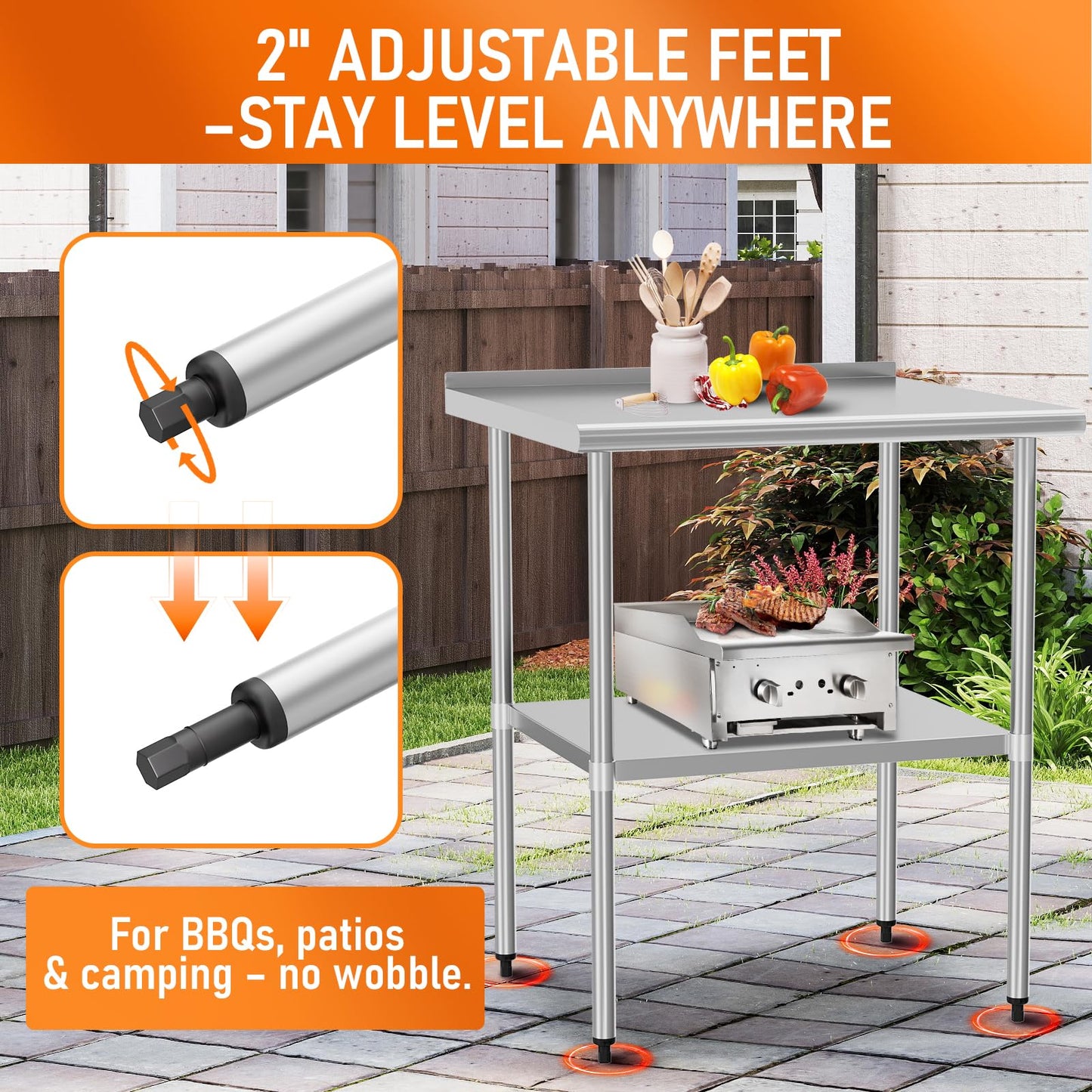 HOCCOT Stainless Steel Table for Prep & Work 30" X 30" inches with Adjustable Undershelf, Commercial Workstations, Utility Table in Kitchen Garage Outdoor BBQ