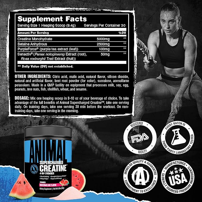 Animal Supercharged Creatine Powder - Flavored Creatine Monohydrate Enhanced with Betaine Anhydrous, PurpleForce & Senactiv, Strength, Endurance, Muscle Recovery for Men and Women - Watermelon, 300g
