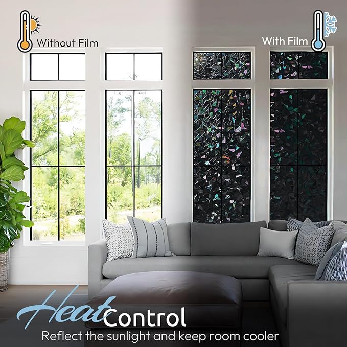 rabbitgoo Window Privacy Film Rainbow Film Decorative Window Sticker, 3D Static Stained Glass Cling Tint for Room Darkening Day Sleep, Black, 29.5 x 157.4 inches