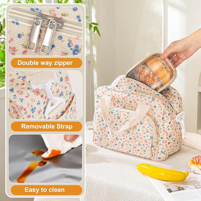 Large Lunch Bag for Women Insulated Lunch Box Reusable Cooler Bag Portable Cute Corduroy Leakproof Tote Bags for Travel, Work, and Picnic, Pink and Blue Flower