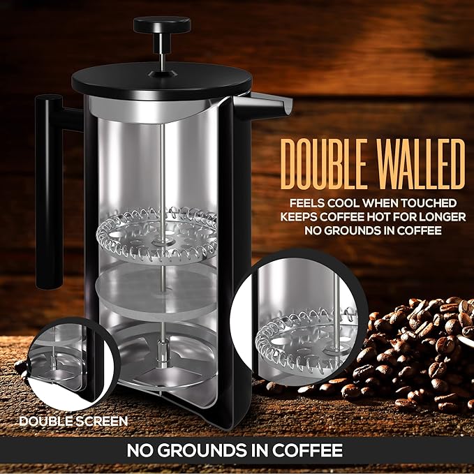 Utopia Kitchen Stainless Steel French Press Coffee Maker 21 Oz, French Press Tea Maker, Cold Brew Portable Travel Coffee Presses, Tea Press Gifts Black