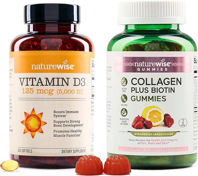 NatureWise Vitamin D3 5000IU (125mg) 360-Count + Collagen Gummies with Biotin & Vitamin C E, 60-Count - Bundle for Immune & Bone, Hair, Skin, Nails Support - Gluten Free, Soy Free, Non-GMO