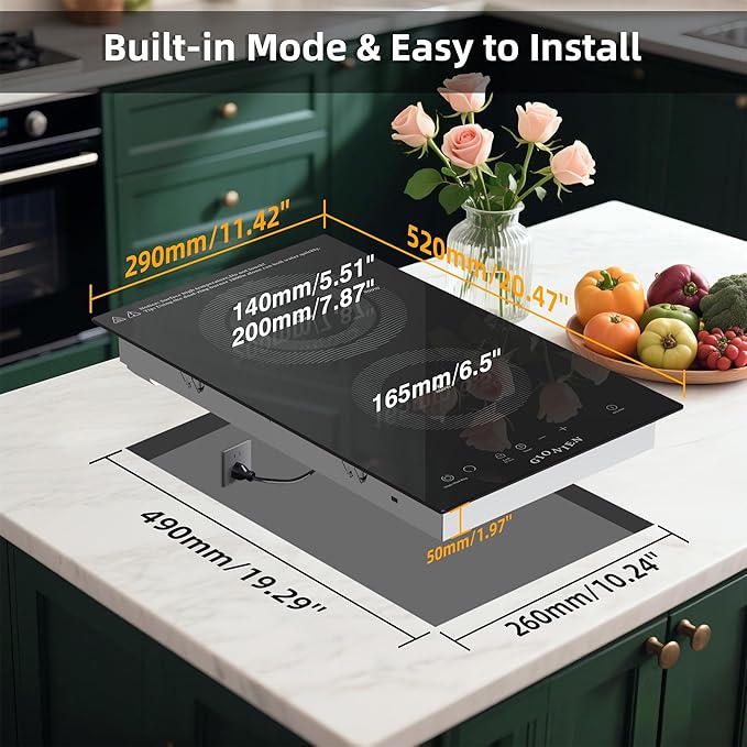 Electric Cooktop 2 Burners 110V~120V, 12'' Plug in Electric Stove Top,Countertop or Built-in,Ceramic Glass,Sensor Touch Control,Timer,9 Power Levels,Portable,1800W