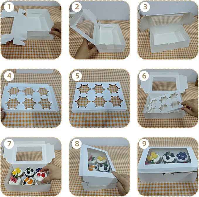 Cupcake Boxes 6 Count, Disposable Cupcake Containers, Food Grade Carrier with Window and Inserts for Cupcakes Muffins Cookies Pastries Donuts (White, 3 Pack)