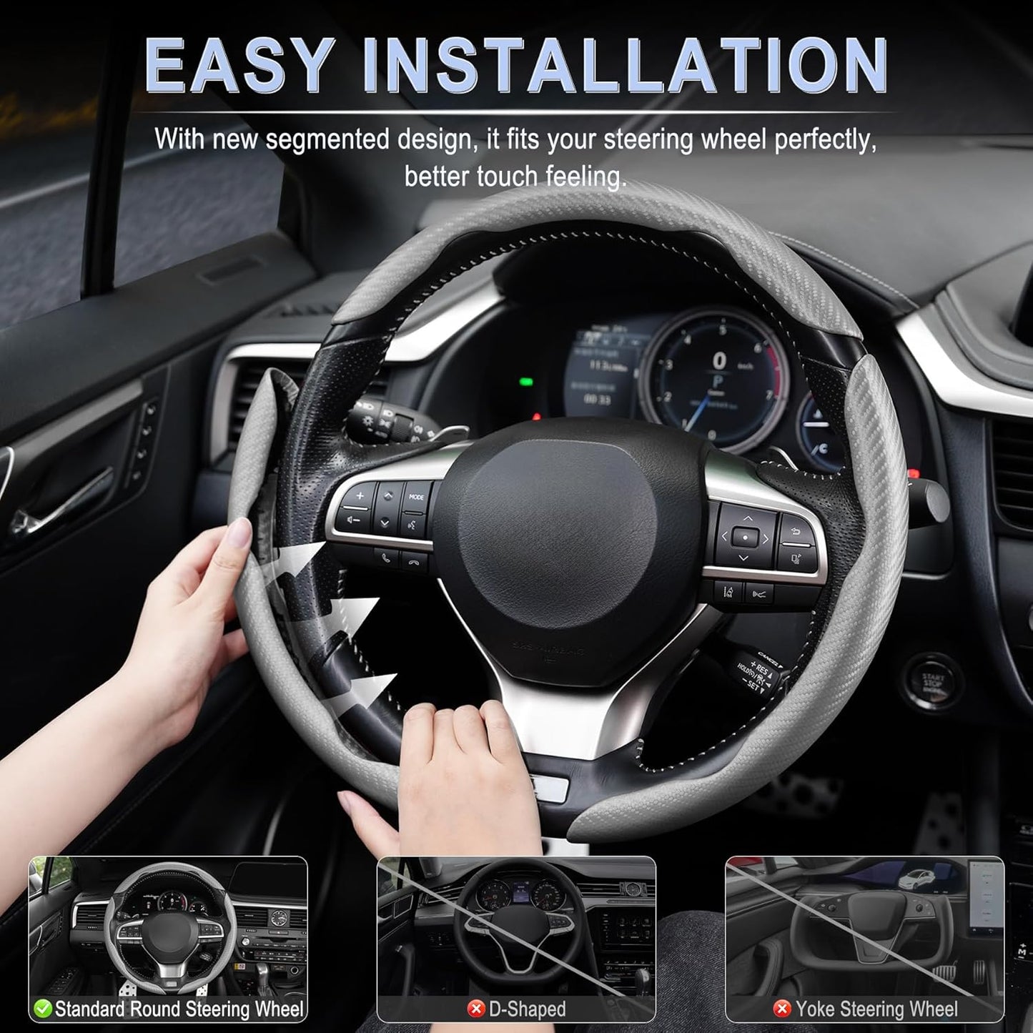 Amiss 3pcs Carbon Fiber Anti-Skid Steering Wheel Cover, Segmented & Butterfly Design, Universal 99% Car Wheel Cover Protector, Grey