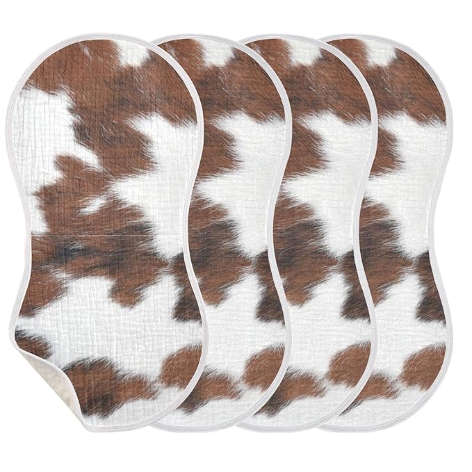 Muslin Baby Burp Cloths Set of 1, Soft Absorbent White Brown Print Cow Muslin Washcloths, Bibs, Face Towel for Newborn Boys Girls, 22 x 11 Inch