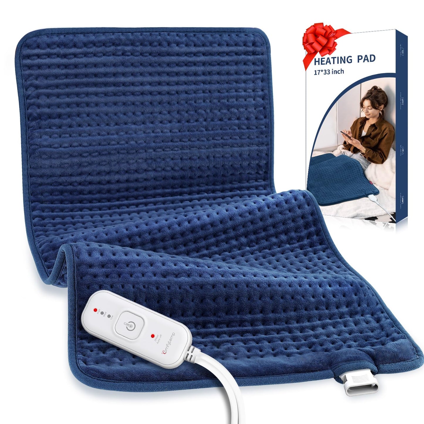 Comfytemp Extra Large Heating Pad for Back & Period, 33''x 17'' King Size, FSA Eligible Items Only List, HSA Approve Electric XL Heated Pad for Shoulder/Neck/Knee, Small Lap Blanket, Washable (Blue)
