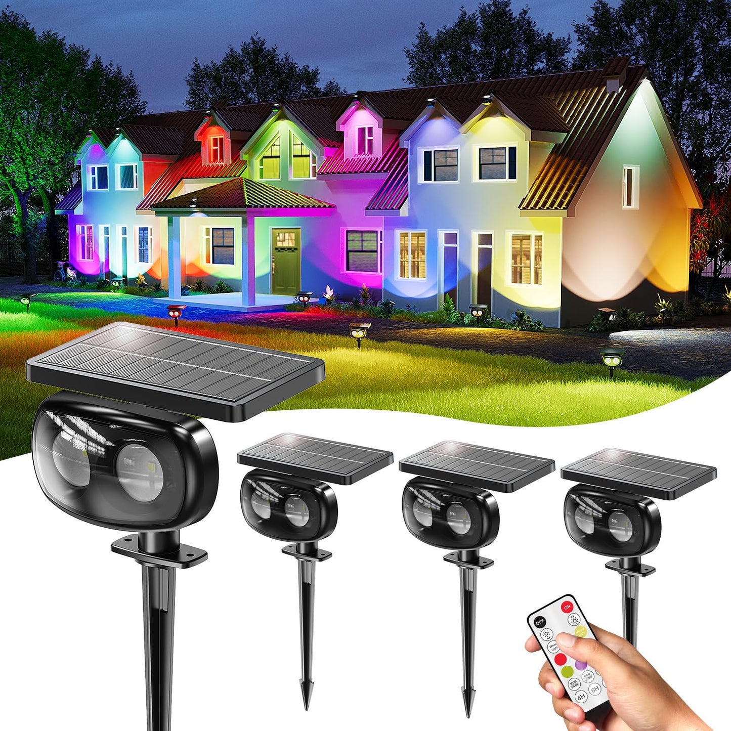 Mofoyeah 4 Pack Solar Spot Lights Outdoor Waterproof Ip68  Super Bright Led Landscape Lighting With 9 Colors 3 Brightness Fixable Colors For Yard Pathway Garden House Lawn