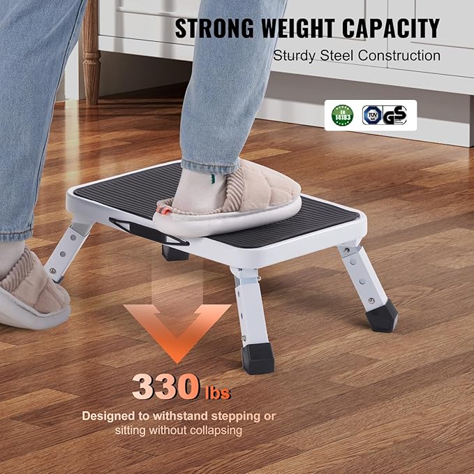 VEVOR 1-Step 330lbs Capacity Folding Steel Step Ladder, Adjustable Height, Non-Slip Sturdy Step Stool for Adults, Toddlers, Offices, RVs, Bathrooms, Bedrooms