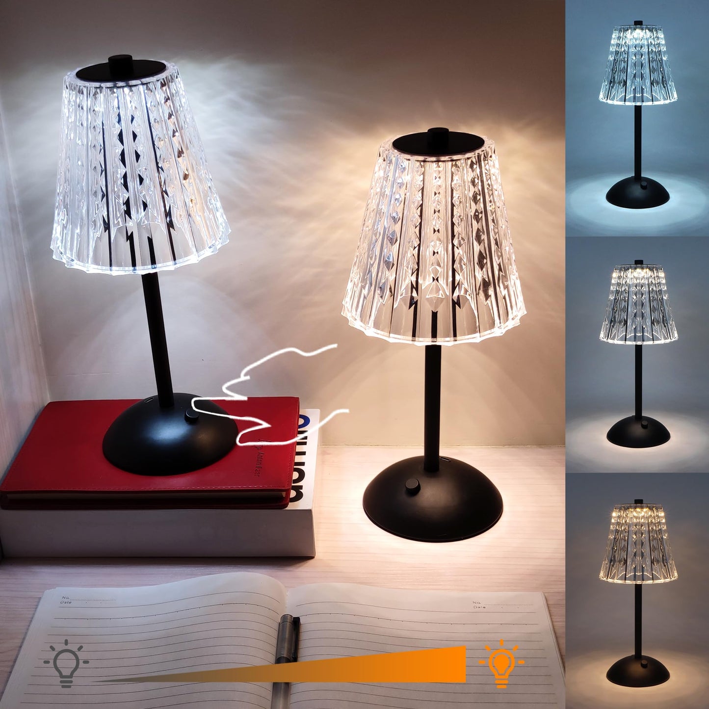 Amingulry Cordless Table Lamp, Rechargeable 4000mAh, 3 Color Modes, Dimmable, Small, 2 Pack Black Modern Lamps