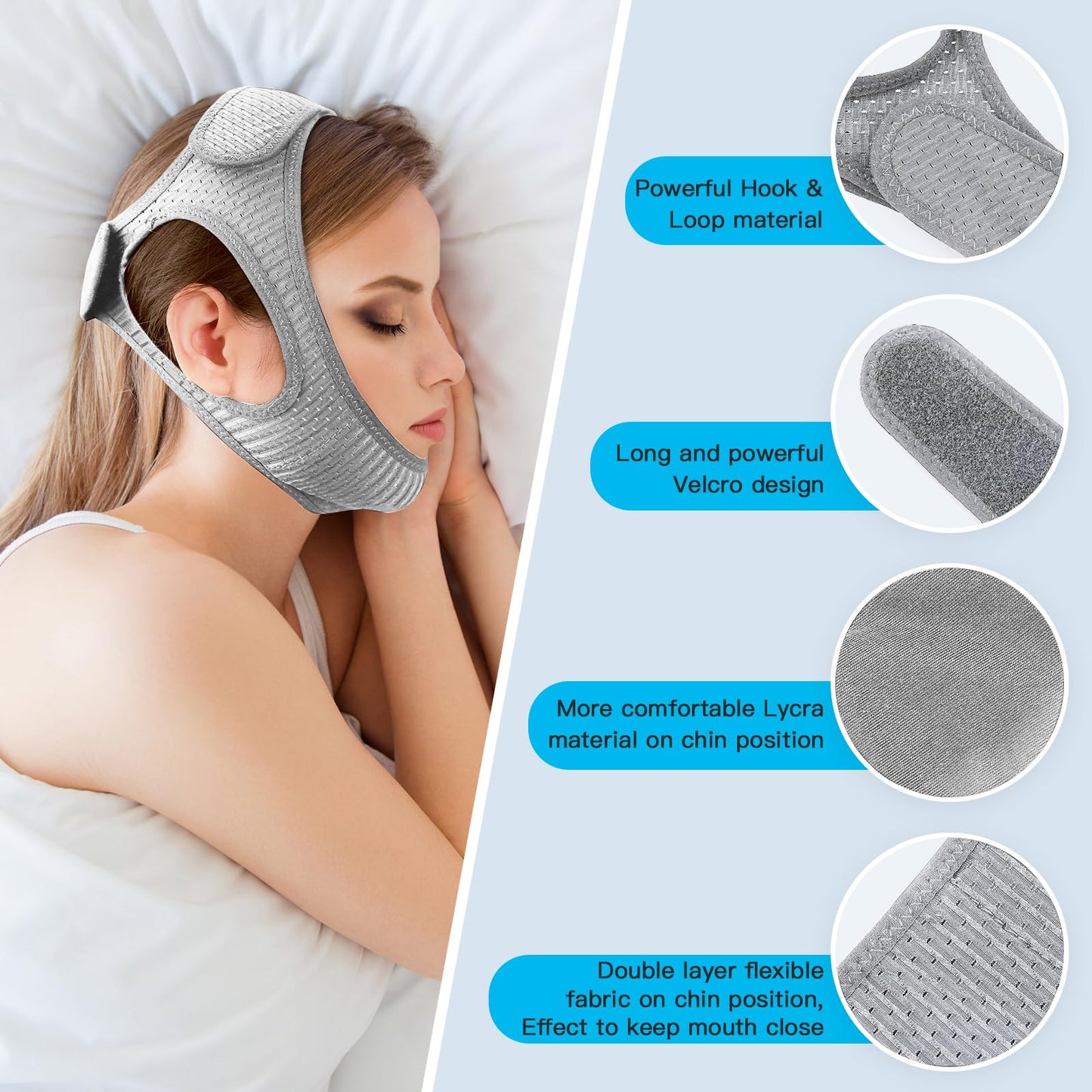 Vosaro Anti Snoring Chin Strap, Stop Snoring Device for Sleeping, Effectively Snoring Solution for Men and Women, Adjustable & Breathable Keep Mouth Closed Chin Strap, Grey
