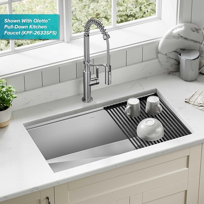 Kraus KWU110-32 Kore inch Undermount 16 Gauge Single Bowl Stainless Steel Kitchen Integrated Ledge and Accessories (Pack of 5), 32 Inch, 32"-Workstation Sink