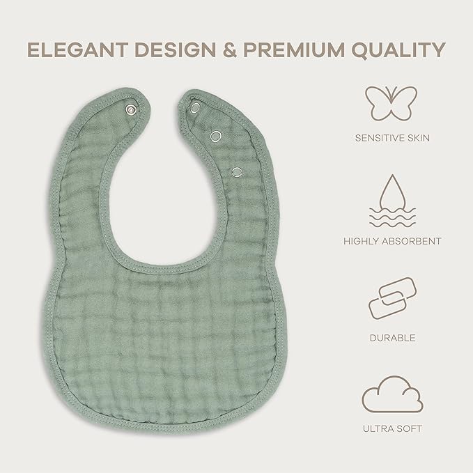 Comfy Cubs Muslin Bibs for Babies, Pack of 8 - Soft and Highly Absorbent, Feeding, Drool and Teething Bib, Adjustable Snaps - Stylish & Colorful Unisex Designs, Giftable Set - Fern