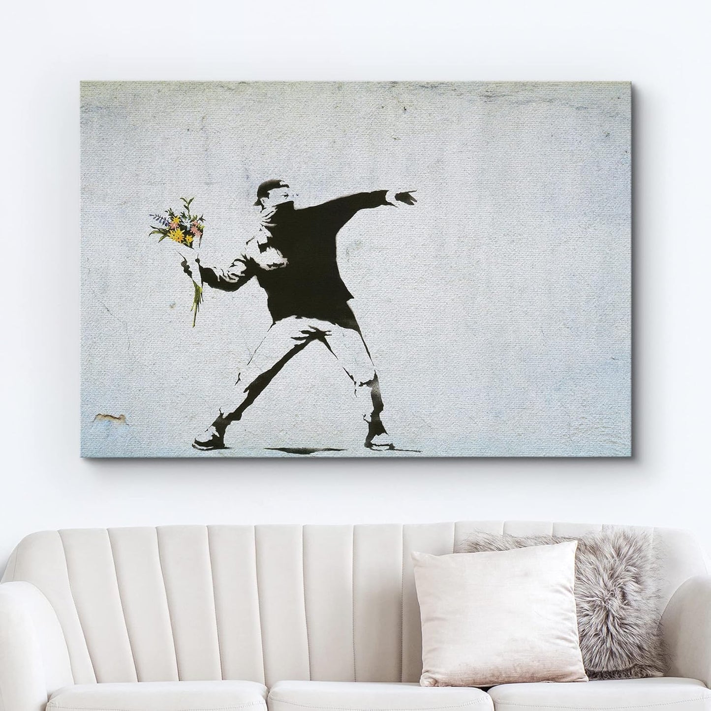 wall26 Canvas Print Wall Art Banksy Man Throws Yellow Flower Bouquet Graffiti & Street Art Pop Culture Illustrations Pop Art Bohemian Multicolor Dark for Living Room, Bedroom, Office - 24"x36"