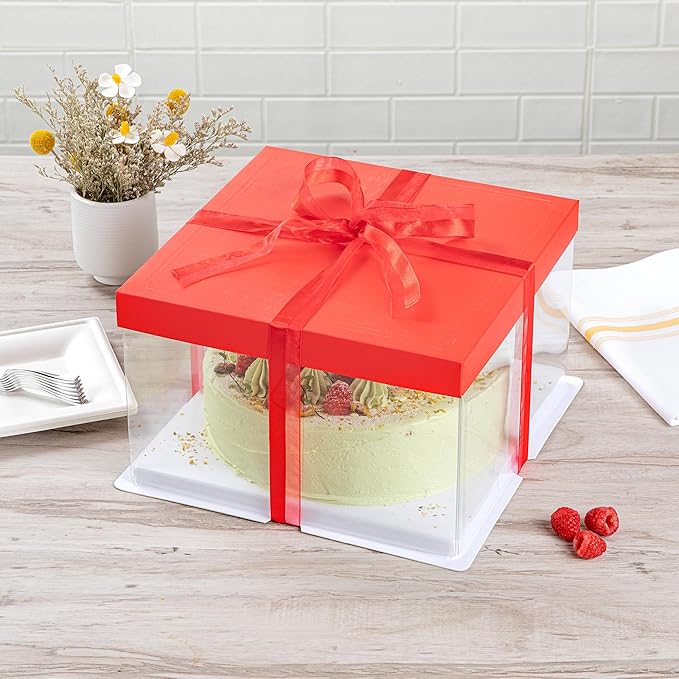 Restaurantware Sweet Vision 10 Inch x 8.25 Inch Transparent Cake Boxes 10 Grease Resistant Base Clear Cake Boxes - Red Lid Red Ribbon Plastic Birthday Cake Boxes For Weddings Or Birthdays