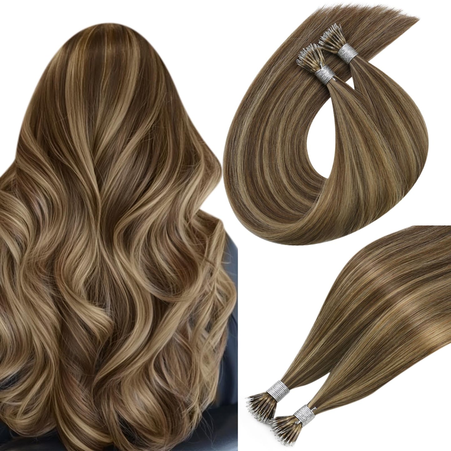 Easyouth Nano Hair Extensions Human Hair Thick Nano Beads for Hair Extension Brown Highlight Honey Blonde Nanos Ring Hair Extens