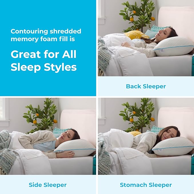 LINENSPA Shredded Gel Memory Foam Pillow – Cooling Bed Pillow – Side, Stomach, and Back Sleepers – Queen