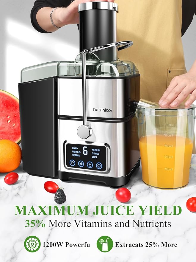 1200W 6-Speed Touch LCD Screen Centrifugal Juicer with 3.2'' Big Wide Chute, Healnitor Juice Extractor Machines Vegetable and Fruit, Titanium Enhanced Filter, Easy Clean, BPA-Free, Silver