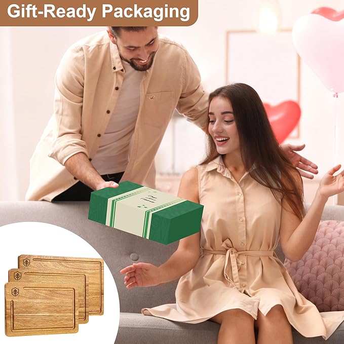 3 PCS Cutting Boards for Kitchen, Premium Acacia Wooden Cutting Board Set with Built-In Handle and Juice Groove, Charcuterie & Chopping Butcher Block for Meat, Vegetables, Fruits (Brown)