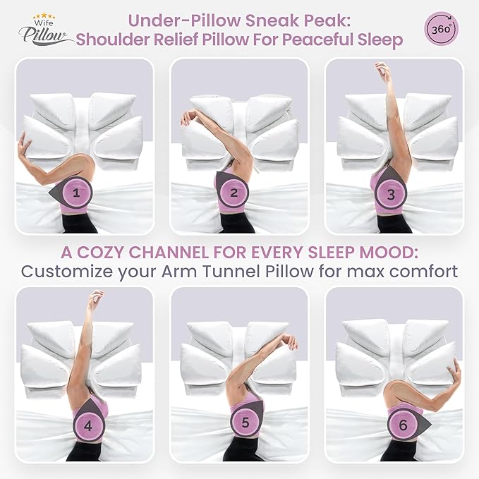 Medium Soft Support. Ergonomic Arm Holes Positioner. Bed Side Sleeper. Cervical Neck, Shoulder & Rotator Cuff Pain Relief. Fully Adjustable. Down Alternative Siliconized Fiber Fill