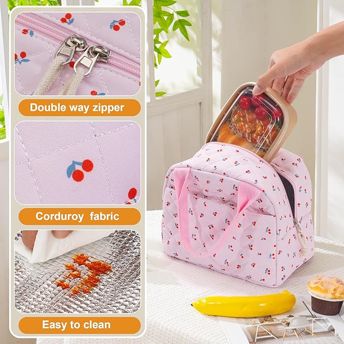 Lunch Bag for Women Insulated Lunch Box Reusable Cooler Bag Portable Cute Quilted Cotton Bag Leakproof Tote Bags for Travel, Work, and Picnic, Mini Cherry