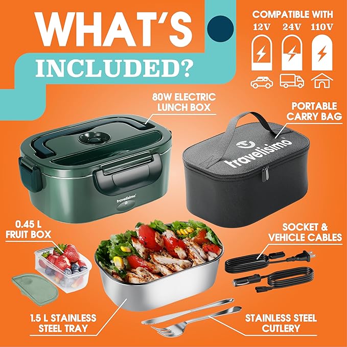 TRAVELISIMO Electric Lunch Box for Adults 80W Heated Lunch Box For Men 1.5L Stainless Steel Portable Food Warmer, 12/24/110V Electric Food Warmers for Travel & Work, Loncheras Para Hombres de Trabajo