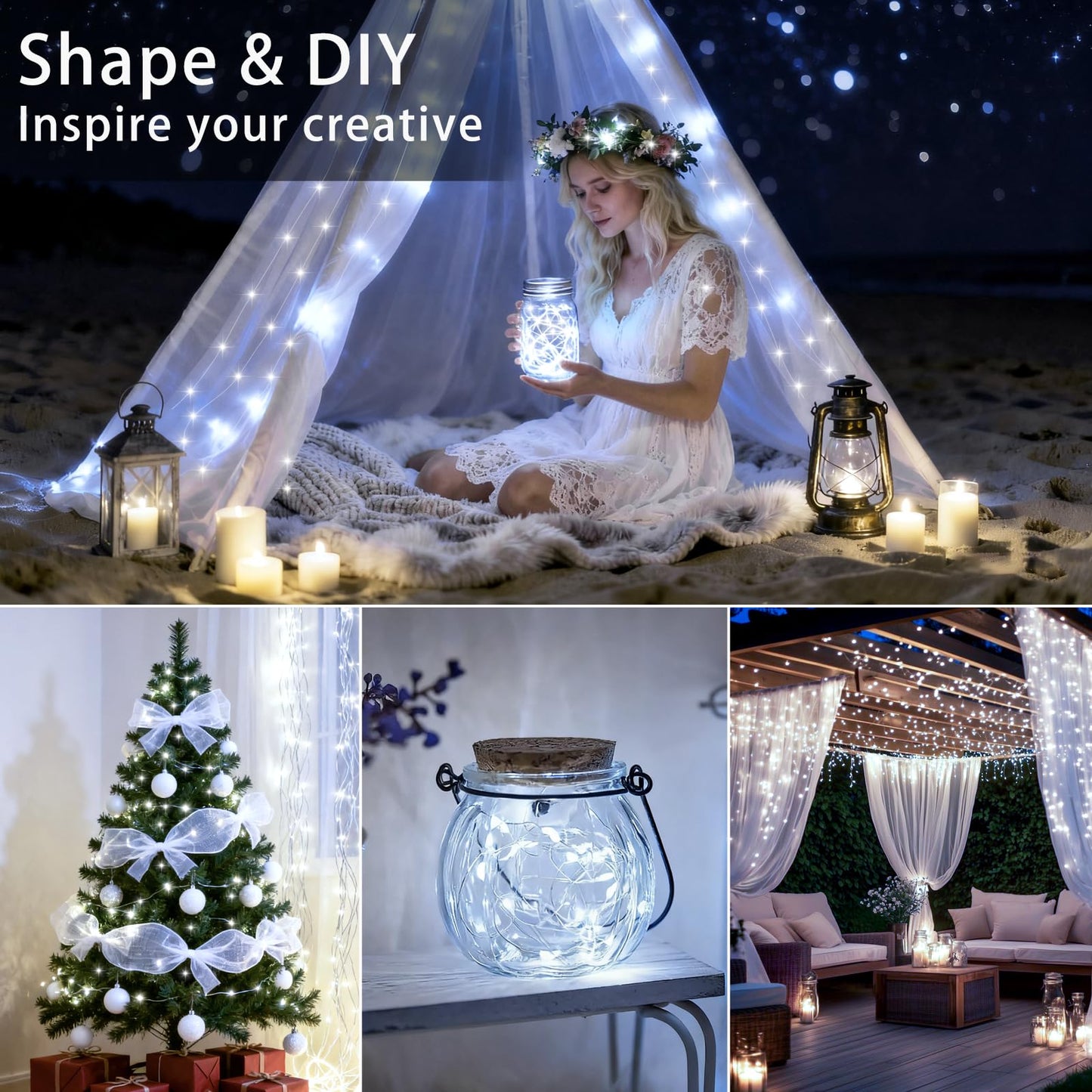 Vookry 30 Led Fairy String Lights - 10Ft Mini Silver Wire, Cool White, Battery Operated, 8 Pack For Crafts & Party Decor