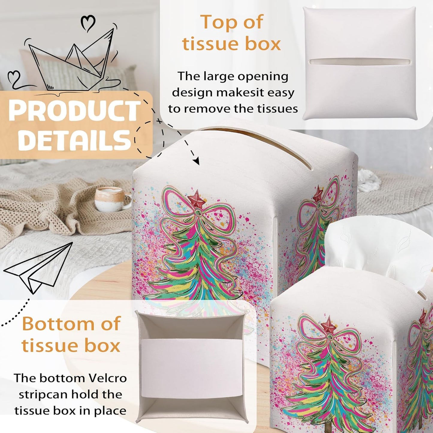 Christmas Tree Tissue Box Holder, Colorful Christmas Tree Leather Tissue Box Cover Square, Paper Facial Decorative Tissues Cover for Night Stands Bathroom Kitchen Office Home Decor-B01