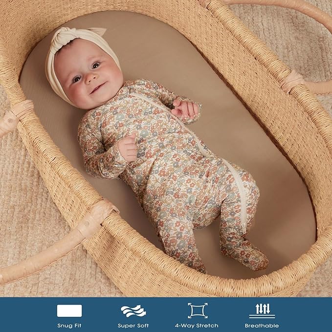 GRSSDER Stretchy Ultra Soft Fitted Bassinet Sheet 3 Pack, Universal Fit for Bassinets Baby Cradle Moses Basket Oval Rectangle Mattress Safe and Snug, Jersey Bassinet Sheets for Baby, Brown