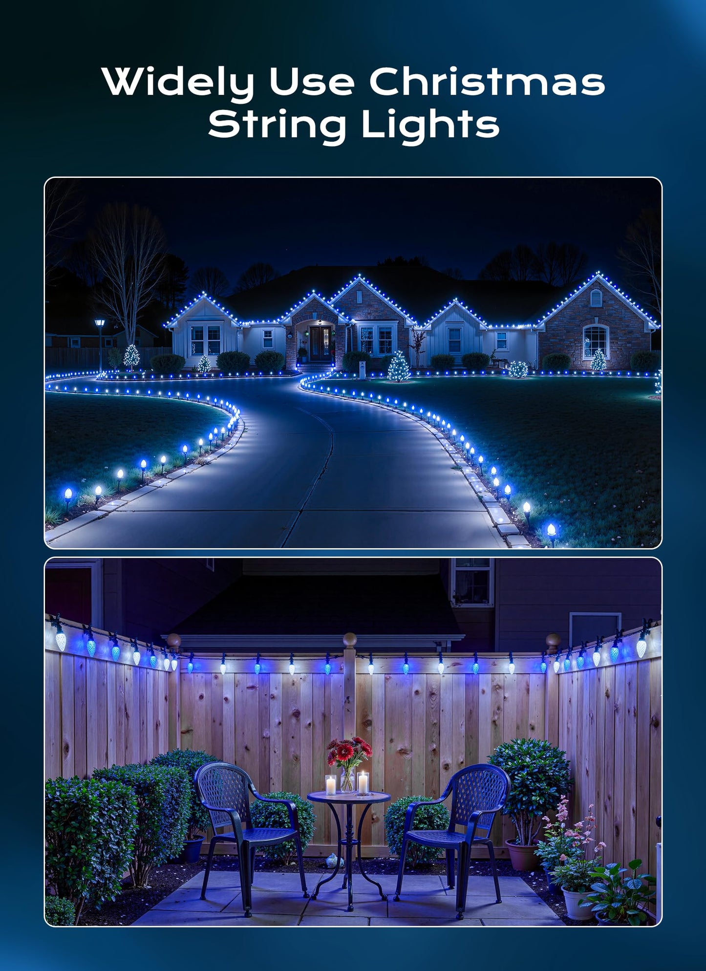C9 Christmas Lights Outdoor  100 Ft 150 Led Connectable C9 String Lights With 8 Modes And Timer Xmas Tree Patio Roofline Garden Yard Holiday Party Indoor Outdoor Decoration  Blue And White