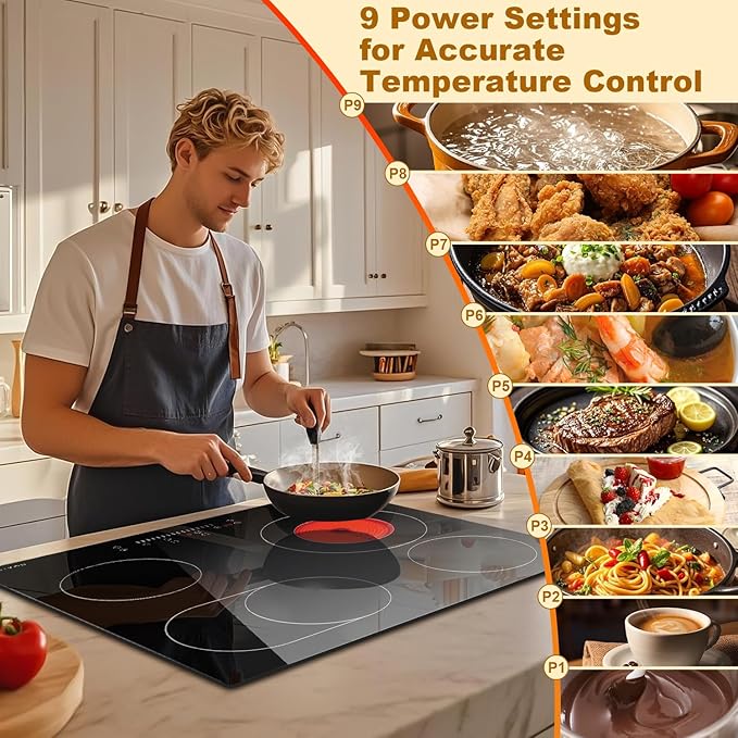 Noxton 24 Inch Electric Cooktop, 4 Burner Built-in Radiant Electric Stove Top, Slider Control, 9 Power Levels, Child Safety Lock, Timer, Oval Burner for Baking Pan, 6800W,220-240V, Hard Wired