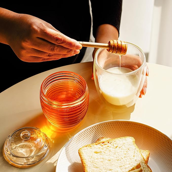 kanpura 9oz Glass Honey Dispenser, Glass Honey Jar with Dipper,Clear Crystal Honey Pot for Christams Home Kitchen Decor,Store Honey and Syrup,Easy to Clean