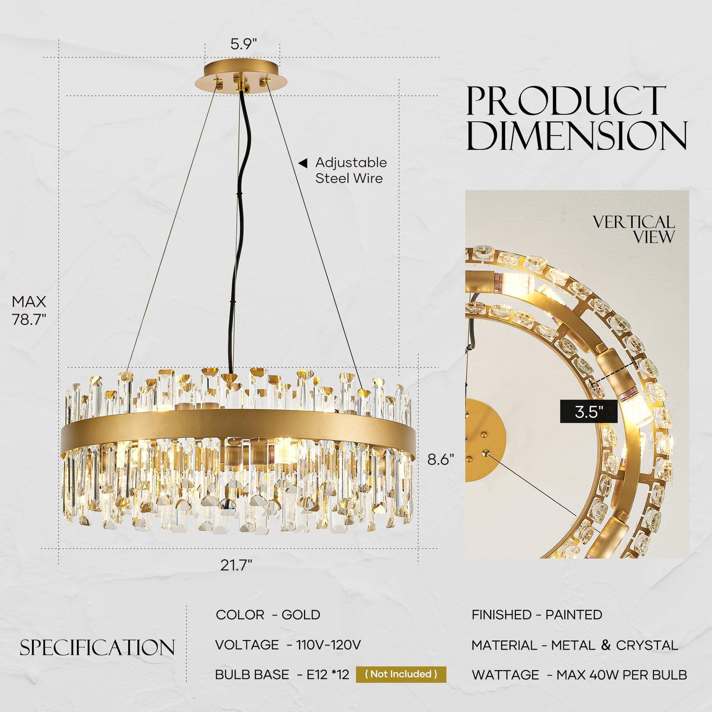 Lighceac 21.7 Gold Modern Crystal Chandelier Light Fixtures stylish 2 Rings Crystal Chandeliers For Dining Room 12-Light Round Hanging Pendant Lighting For Living Room Kitchen Island Entryway Bedroom