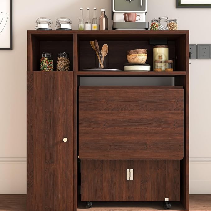 KEIKI Folding Dining Table for 4, Farmhouse Kitchen Extendable Table with Wall-Mounted Storage & Socket, Drop Leaf Tables ...