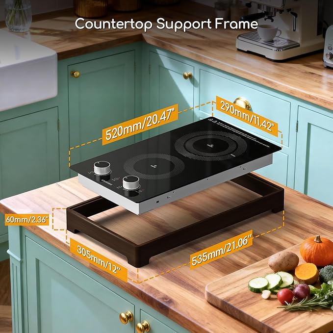 12 Inch Electric Cooktop with 2 Burner,110V-120V, 1800W,Plug in Electric Stove Top with Countertop Support Frame‌,Countertop & Built-in,Glass Radiant Cooktop with Knob & Touch Control