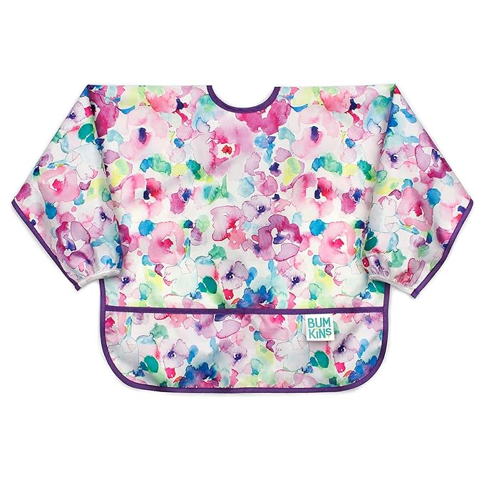 Bumkins Sleeved Bib for Girl or Boy, Baby and Toddler for 6-24 Mos, Essential Must Have for Eating, Feeding, Baby Led Weaning, Long Sleeve Mess Saving Food Catcher, Soft Fabric, Watercolors Floral