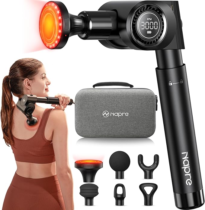 NAPRE Massage Gun with Heat,Deep Tissue Handheld Percussion Back Massager for Muscle/Neck/Body Pain Relief with Long Exten...