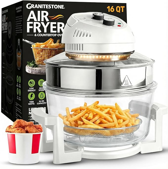 Big Boss 16Qt Extra Large Glass Air Fryer Non Toxic – Family Sized 4 in 1 Cooker with 3 Cooking Sections, Stainless Steel Racks for French Fries, Chicken, No Preheat, Self Cleaning, Dishwasher Safe