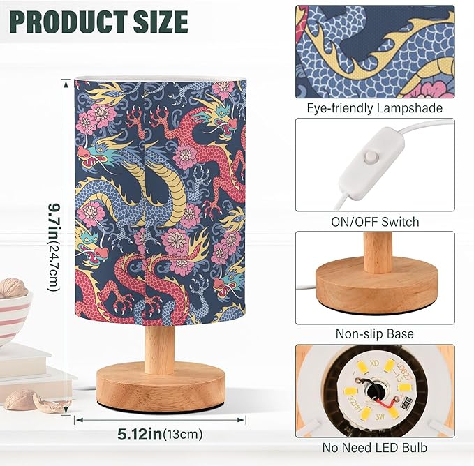Table Lamp Chinese Dragon Fight in Flower Pattern on Dark Blue Nightstand Lamp with Wood Base Fabric Lamp Shade Bedside Desk Lamp for Living Room Bedroom Kids Room Office